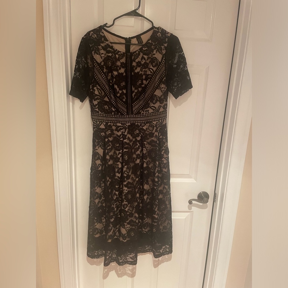 VFSHOW Womens Black and Beige Floral Lace Pleated Dress.